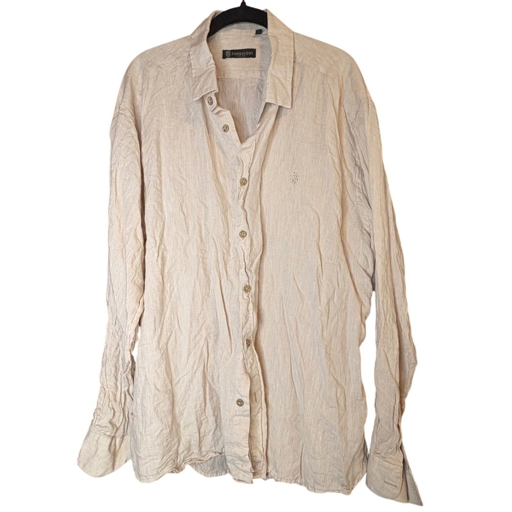 F Nebuloni Womens XXL Beige 100% Linen Long Sleeve Button Down Shirt Lion Logo